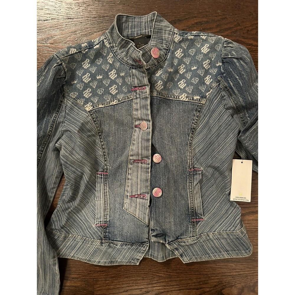 Womens Rocawear Blue Jean Jacket Womens Size Large Button Up Embroidered Logo